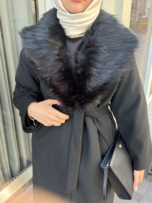 Perla Kürklü Kaban | Çıkarılabilir Kürklü Şal Yaka | Kuşaklı Uzun Kadın Kaban | Kışlık Şık Dış Giyim