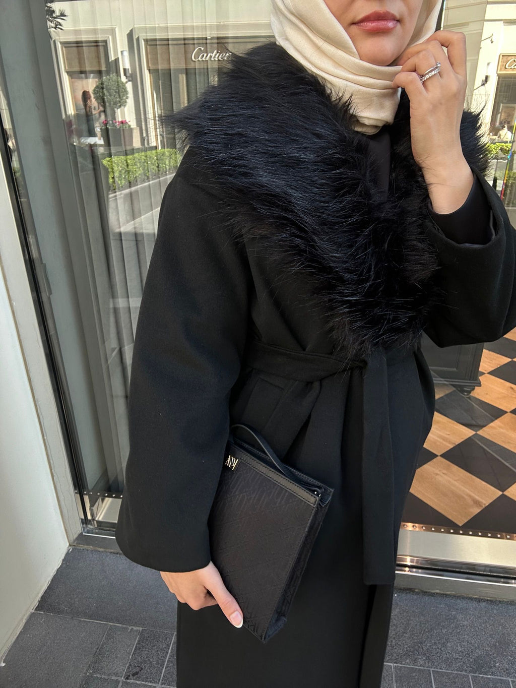 Perla Kürklü Kaban | Çıkarılabilir Kürklü Şal Yaka | Kuşaklı Uzun Kadın Kaban | Kışlık Şık Dış Giyim