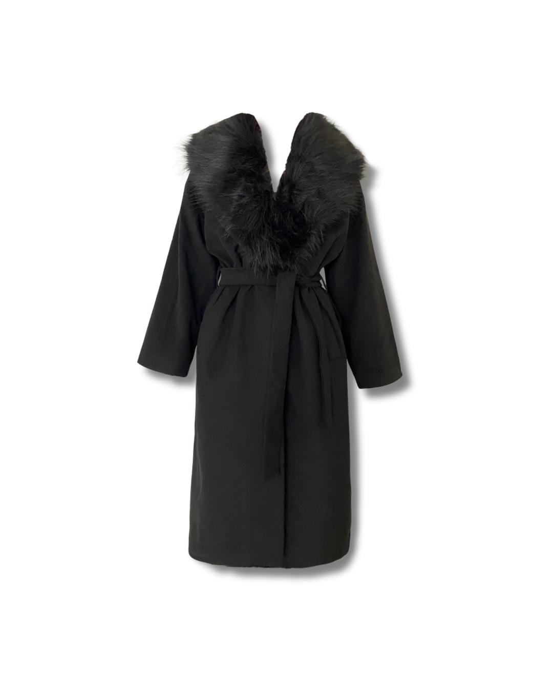 Perla Kürklü Kaban | Çıkarılabilir Kürklü Şal Yaka | Kuşaklı Uzun Kadın Kaban | Kışlık Şık Dış Giyim